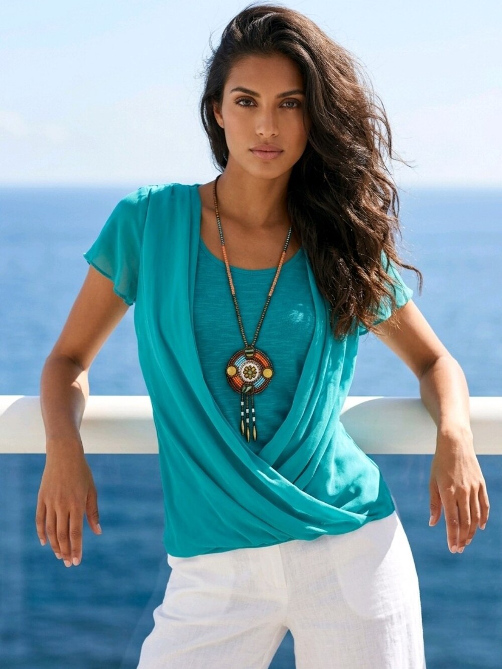 New Directions Teal Draped Short-Sleeve Blouse long beaded statement necklace Sm